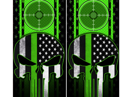Cornhole Board Wraps - Green Line American Flag Punisher Target Green Diamond Plate 2 PACK