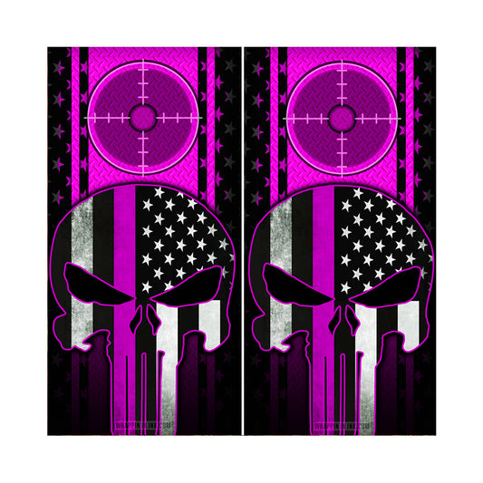 Cornhole Board Wraps - Pink Line American Flag Punisher Target Pink Diamond Plate 2 PACK