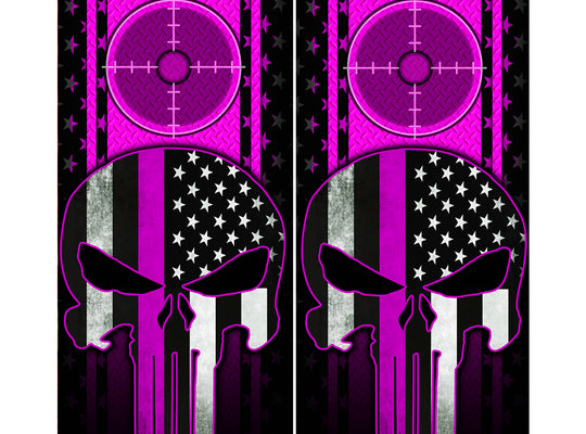 Cornhole Board Wraps - Pink Line American Flag Punisher Target Pink Diamond Plate 2 PACK