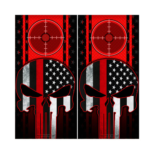 Cornhole Board Wraps - Red Line American Flag Punisher Target Red Diamond Plate 2 PACK