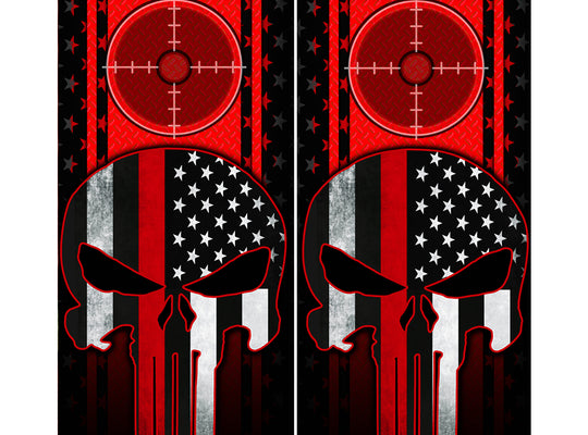 Cornhole Board Wraps - Red Line American Flag Punisher Target Red Diamond Plate 2 PACK