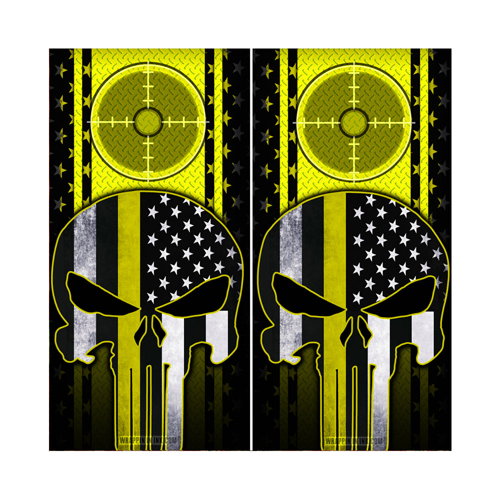 Cornhole Board Wraps - Yellow Line American Flag Punisher Target Yellow Diamond Plate 2 PACK