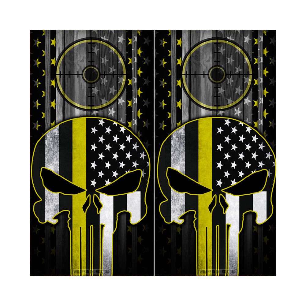 Cornhole Board Wraps - Yellow Line American Flag Punisher Target 2 PACK