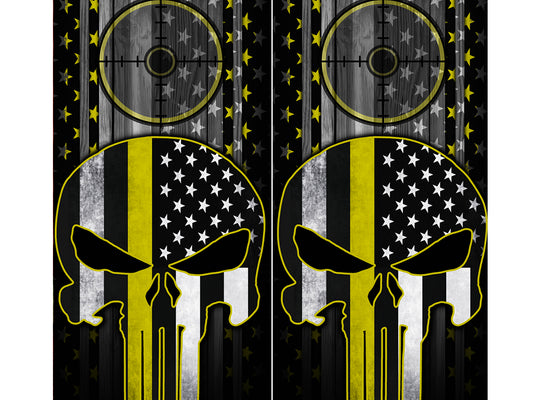 Cornhole Board Wraps - Yellow Line American Flag Punisher Target 2 PACK