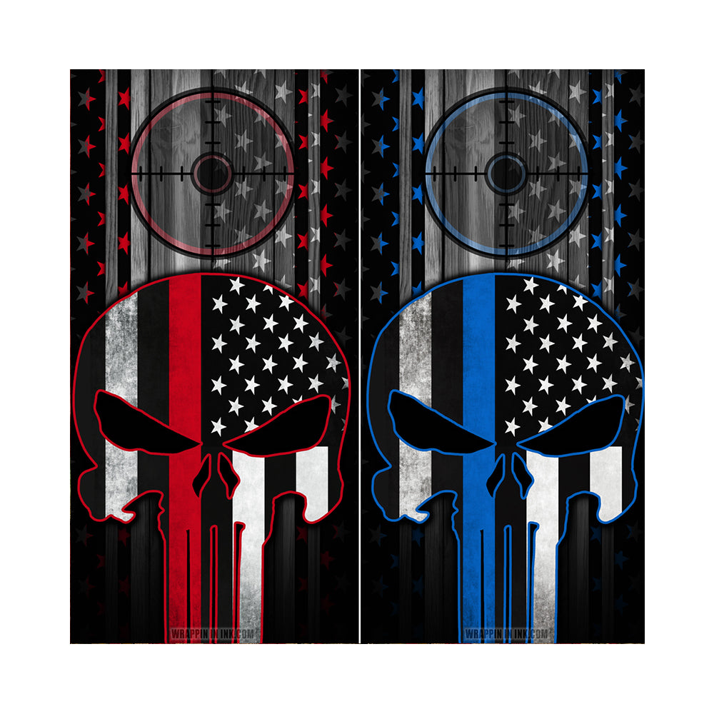 Cornhole Board Wraps Combo - Blue Line & Red Line American Flag Punisher Target 2 PACK