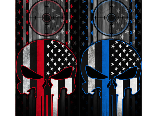 Cornhole Board Wraps Combo - Blue Line & Red Line American Flag Punisher Target 2 PACK